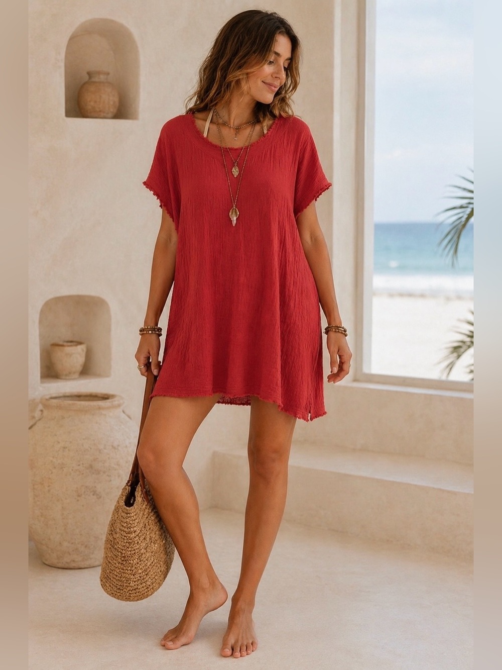 NATURAL LIFE Gauze Tunic Dress L Boho Beach Cover Up NEW Beach Resort Tomato Red